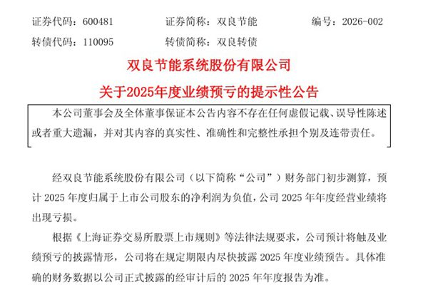 雙良節(jié)能：預(yù)計(jì)2025年度凈利潤(rùn)為負(fù)值